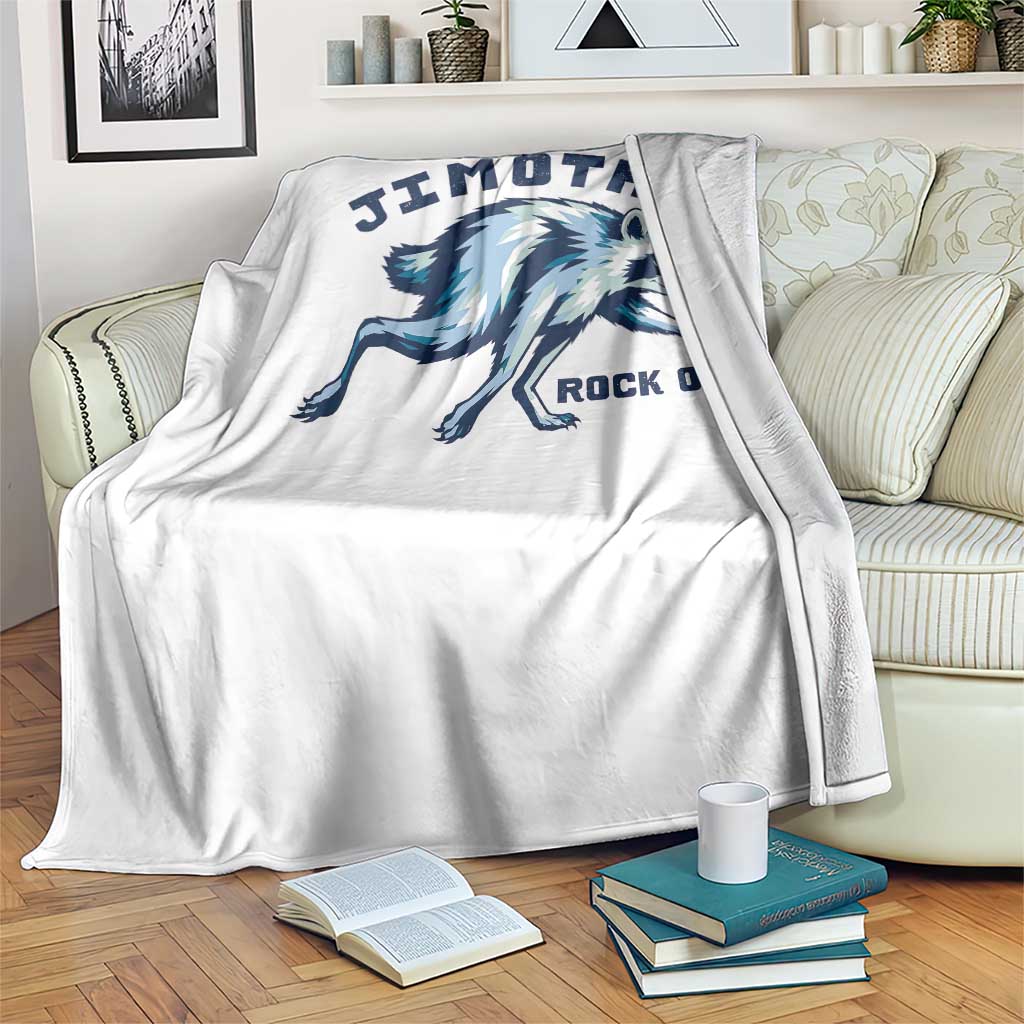 Rock On Jimothy the Raccoon Blue Graphic Throw Blanket Vintage Viral Seattle Trash Panda