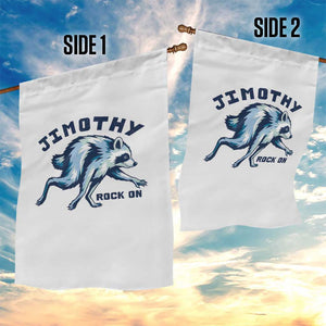 Rock On Jimothy the Raccoon Blue Graphic Garden Flag Vintage Viral Seattle Trash Panda