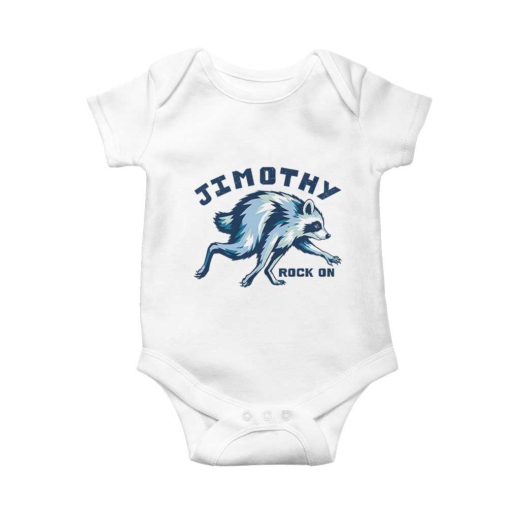 Rock On Jimothy the Raccoon Blue Graphic Baby Onesie Vintage Viral Seattle Trash Panda TS02 White Print Your Wear