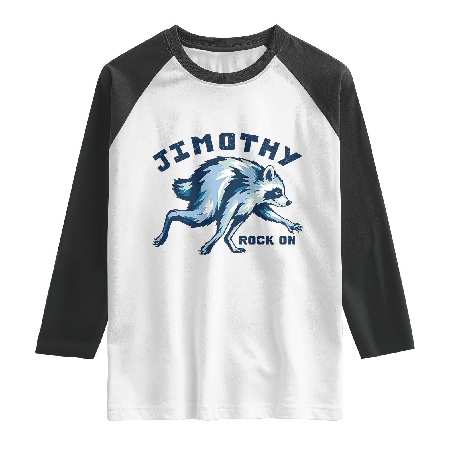 Rock On Jimothy the Raccoon Blue Graphic Raglan Shirt Vintage Viral Seattle Trash Panda TS02 White Black Print Your Wear