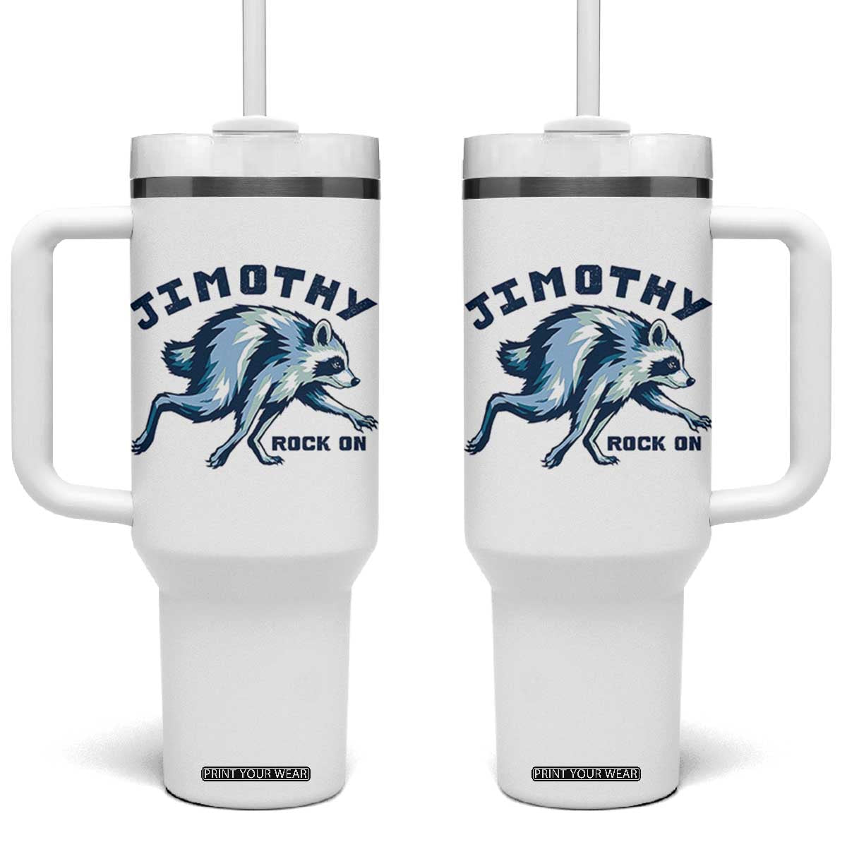 Rock On Jimothy the Raccoon Blue Graphic Tumbler With Handle Vintage Viral Seattle Trash Panda