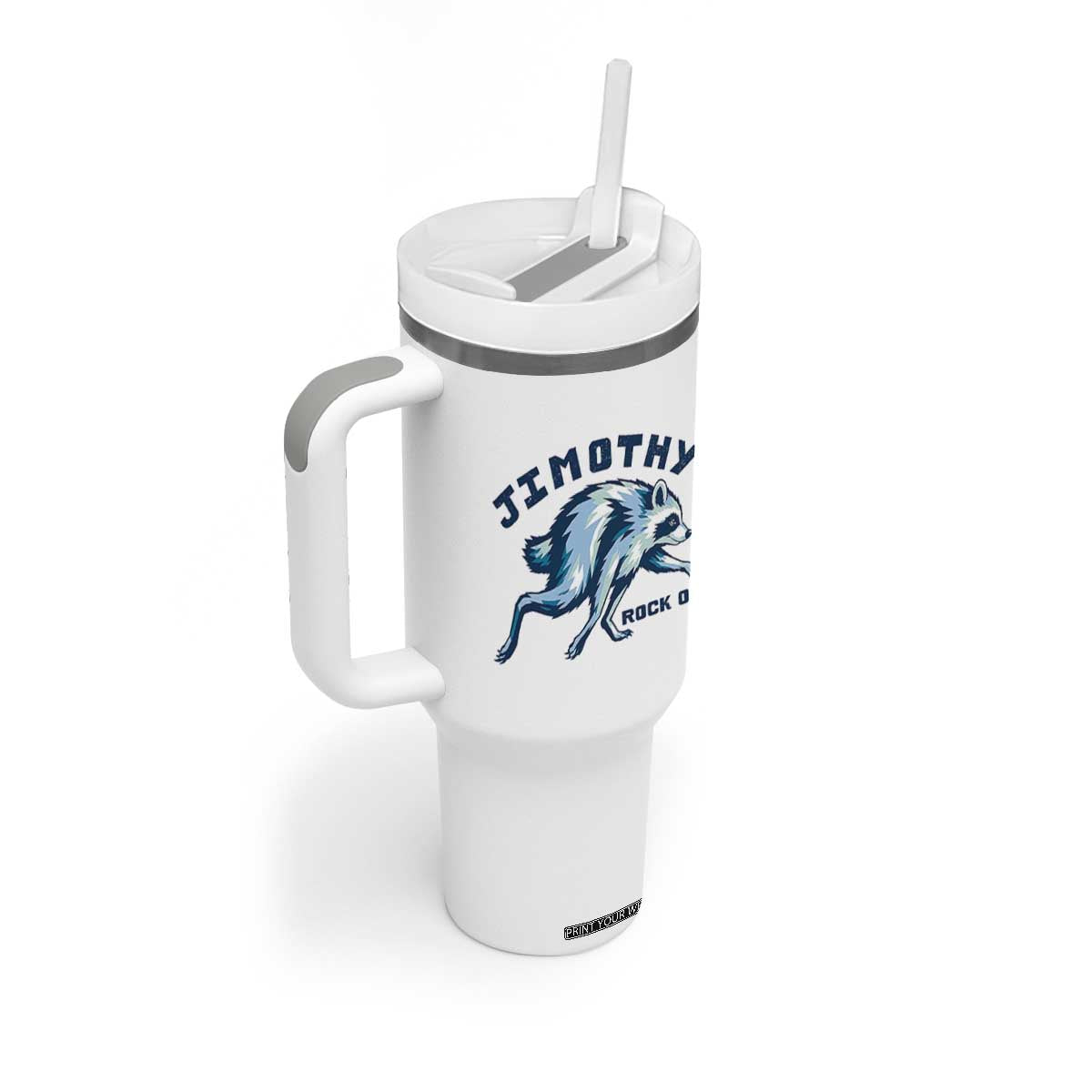 Rock On Jimothy the Raccoon Blue Graphic Tumbler With Handle Vintage Viral Seattle Trash Panda