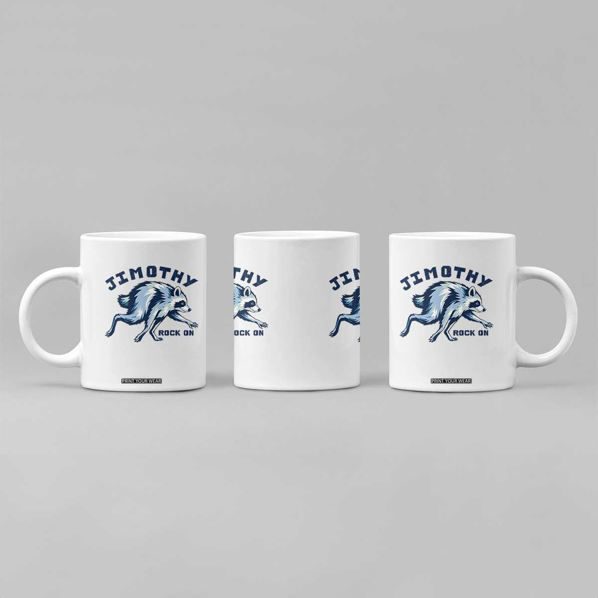 Rock On Jimothy the Raccoon Blue Graphic Coffee Mug Vintage Viral Seattle Trash Panda