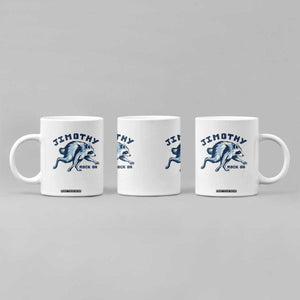 Rock On Jimothy the Raccoon Blue Graphic Coffee Mug Vintage Viral Seattle Trash Panda