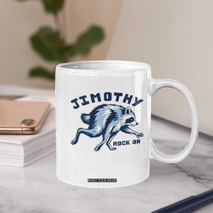 Rock On Jimothy the Raccoon Blue Graphic Coffee Mug Vintage Viral Seattle Trash Panda