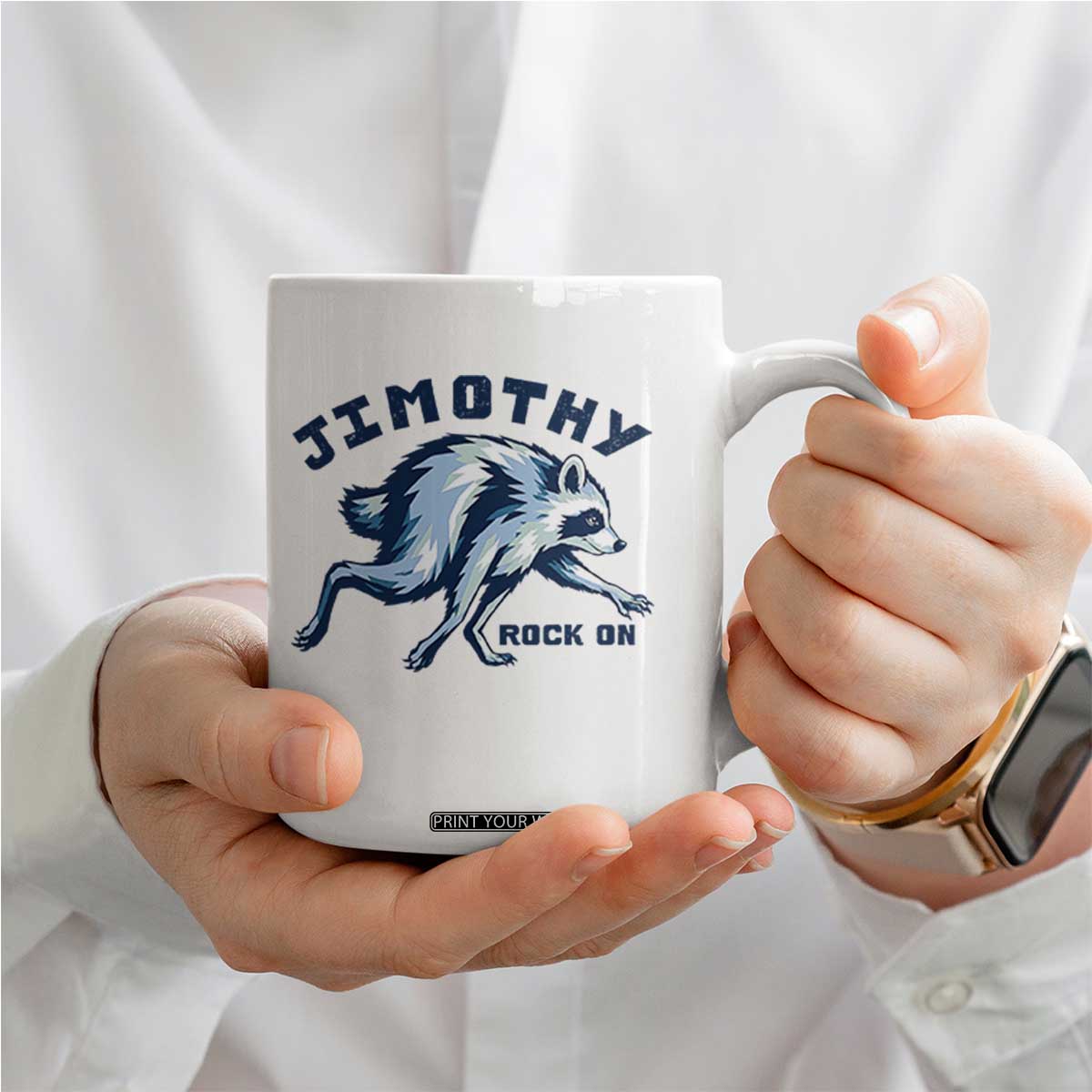 Rock On Jimothy the Raccoon Blue Graphic Coffee Mug Vintage Viral Seattle Trash Panda