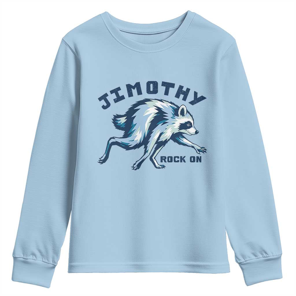 Rock On Jimothy the Raccoon Blue Graphic Youth Sweatshirt Vintage Viral Seattle Trash Panda TS02 Light Blue Print Your Wear