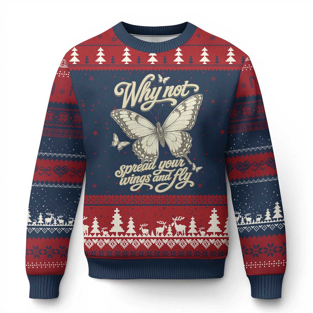 Vintage Retro Cottagecore Butterfly Inspirational Ugly Christmas Sweater Why Not Spread Your Wings And Fly TS02 Navy Red Print Your Wear