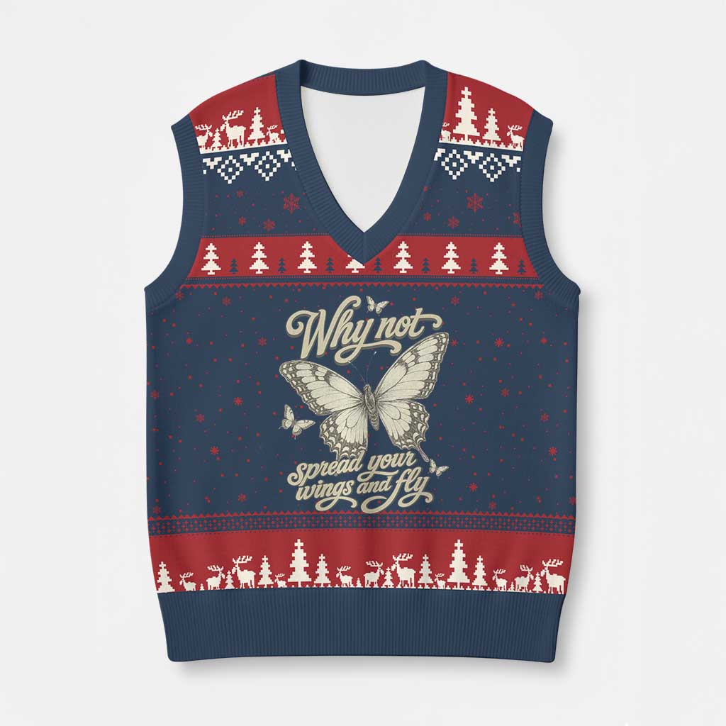 Vintage Retro Cottagecore Butterfly Inspirational V-Neck Knit Sweater Vest Why Not Spread Your Wings And Fly TS02 Navy Red Print Your Wear