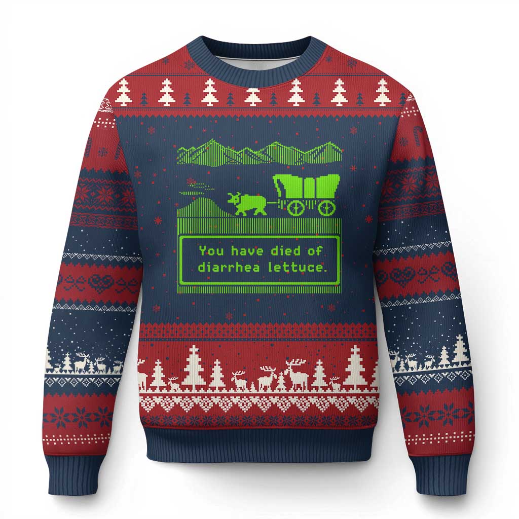Retro 8-Bit Pixel 80s Game Over Parody Graphic Ugly Christmas Sweater You Have Died Of Diarrhea Lettuce TS02 Navy Red Print Your Wear