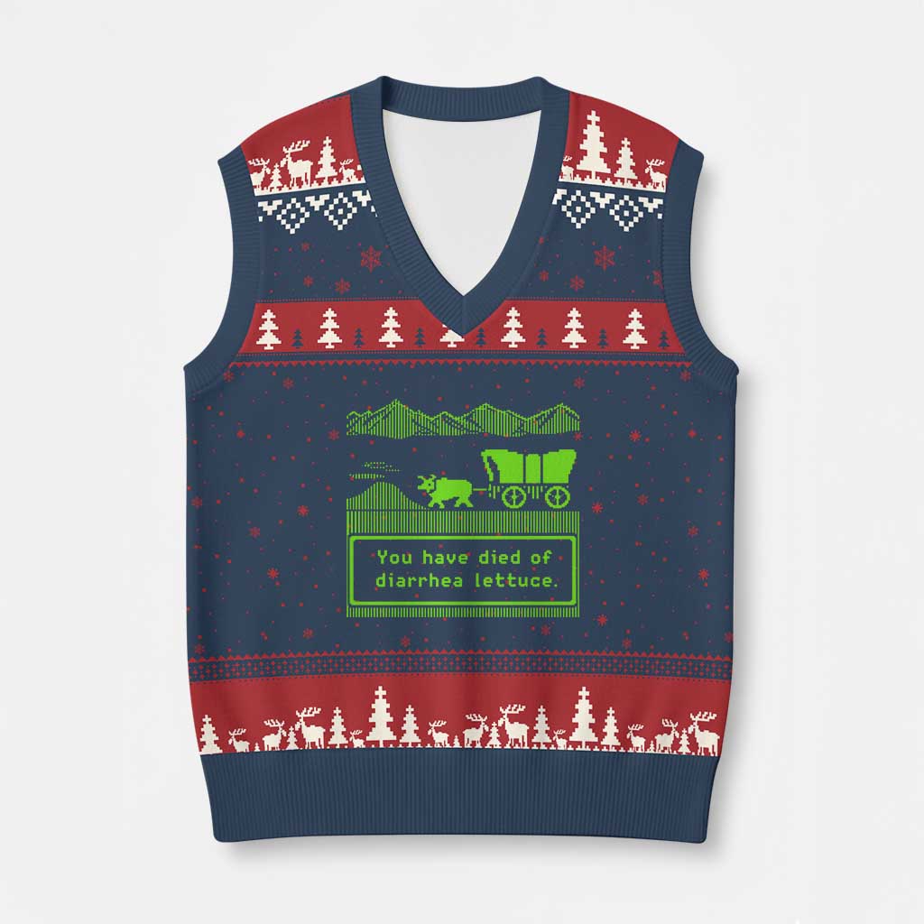 Retro 8-Bit Pixel 80s Game Over Parody Graphic V-Neck Knit Sweater Vest You Have Died Of Diarrhea Lettuce TS02 Navy Red Print Your Wear