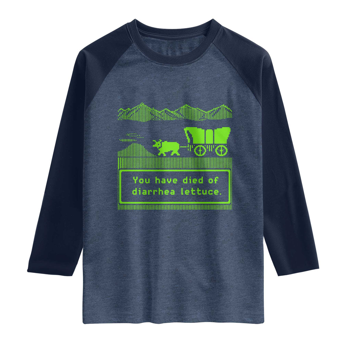 Retro 8-Bit Pixel 80s Game Over Parody Graphic Raglan Shirt You Have Died Of Diarrhea Lettuce