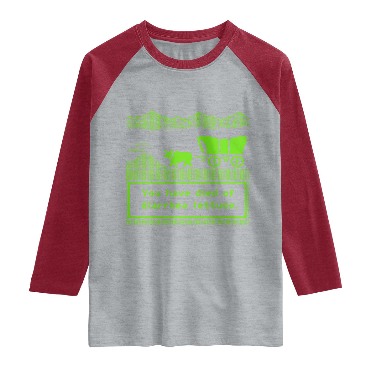 Retro 8-Bit Pixel 80s Game Over Parody Graphic Raglan Shirt You Have Died Of Diarrhea Lettuce