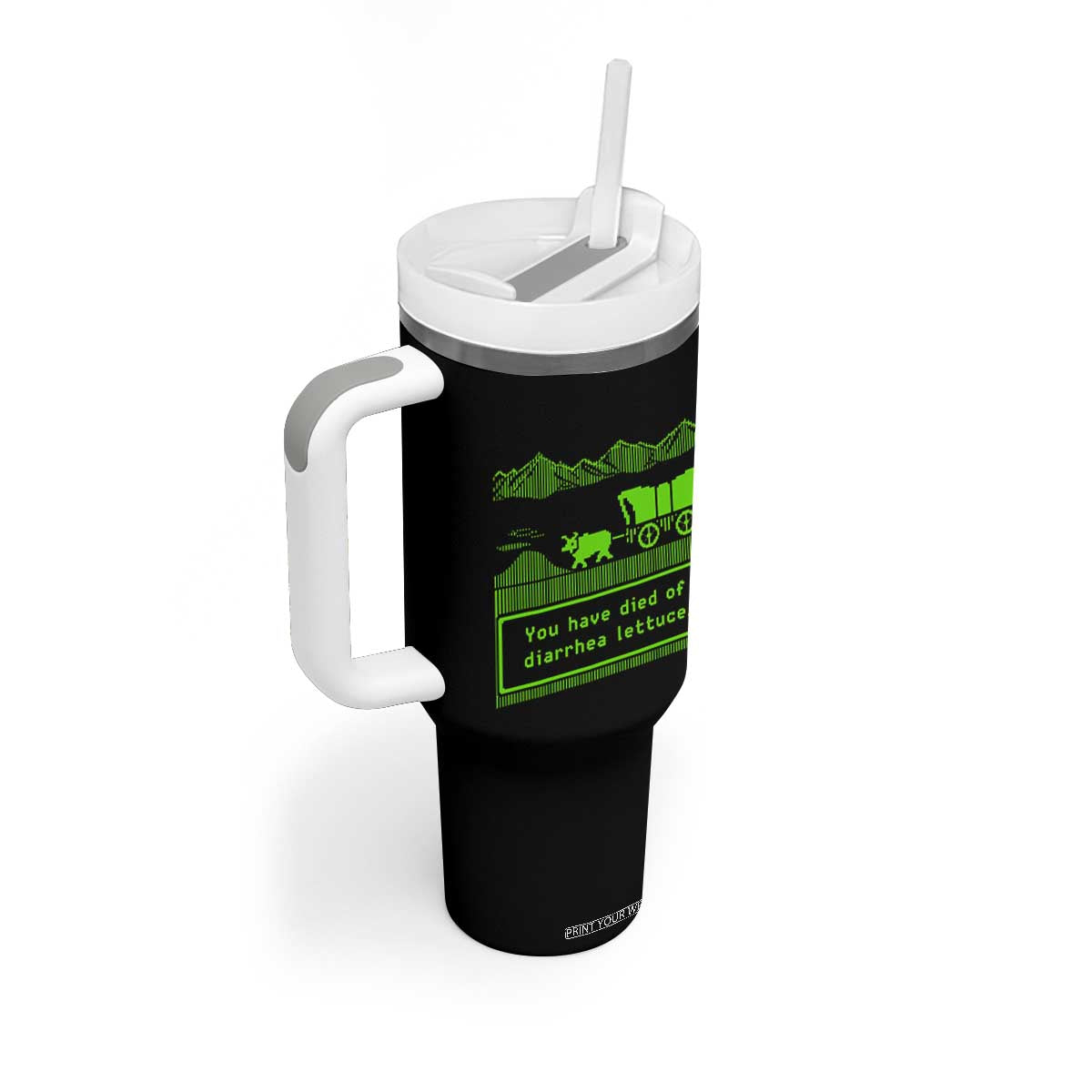 Retro 8-Bit Pixel 80s Game Over Parody Graphic Tumbler With Handle You Have Died Of Diarrhea Lettuce