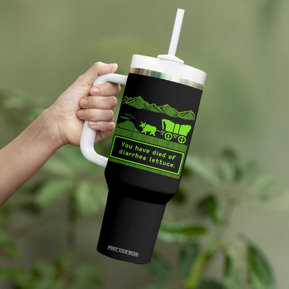 Retro 8-Bit Pixel 80s Game Over Parody Graphic Tumbler With Handle You Have Died Of Diarrhea Lettuce