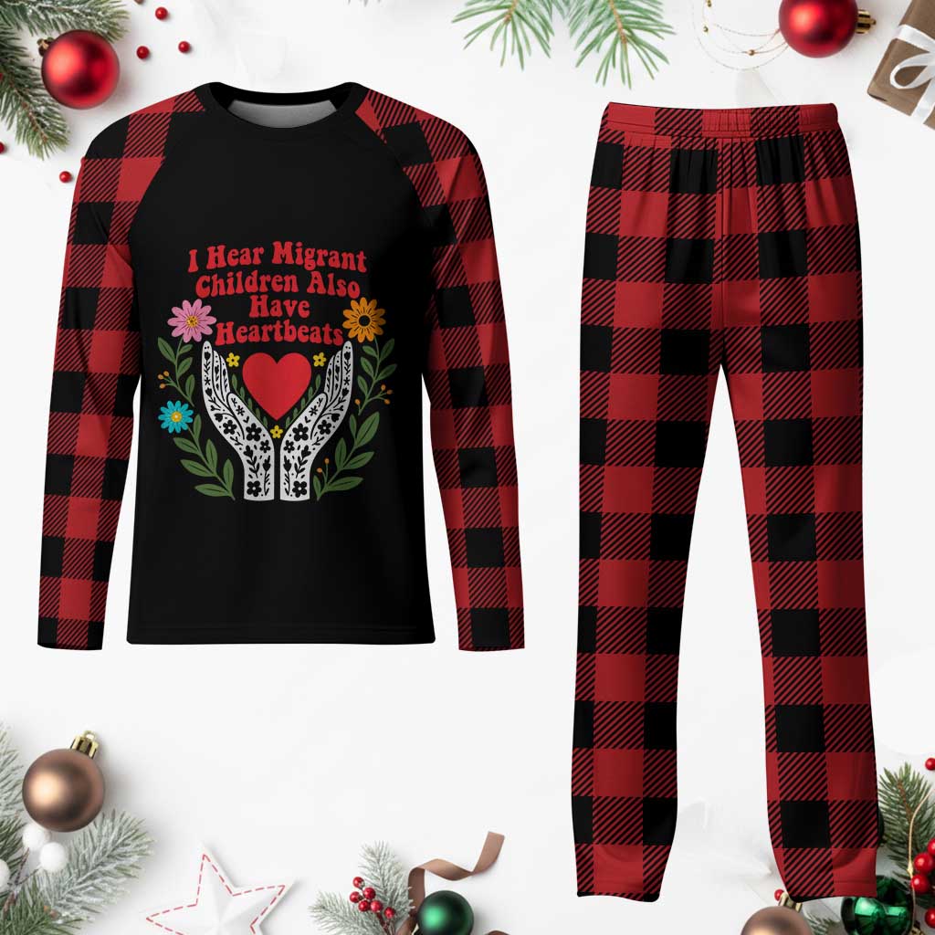 I Hear Migrant Children Also Have Heartbeats Plaid Pajama Set Groovy Retro Floral Hands Heart Social Justice
