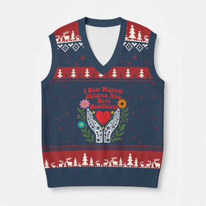 I Hear Migrant Children Also Have Heartbeats V-Neck Knit Sweater Vest Groovy Retro Floral Hands Heart Social Justice