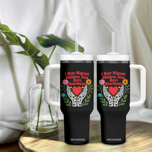 I Hear Migrant Children Also Have Heartbeats Tumbler With Handle Groovy Retro Floral Hands Heart Social Justice