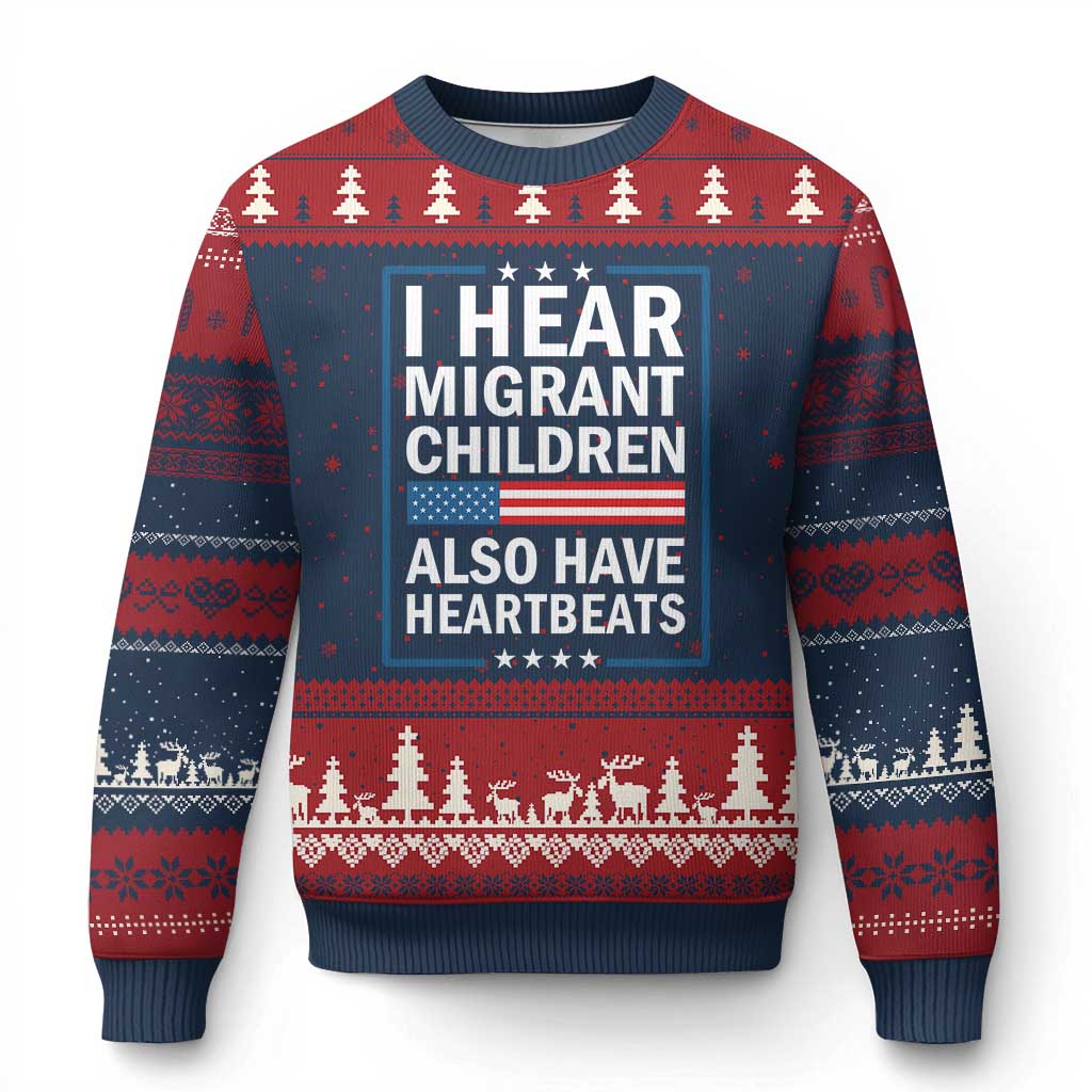 I Hear Migrant Children Also Have Heartbeats Ugly Christmas Sweater Patriotic American Flag Human Rights
