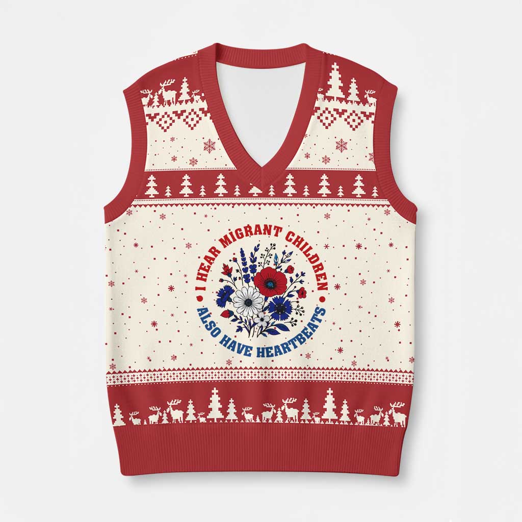 I Hear Migrant Children Also Have Heartbeats V-Neck Knit Sweater Vest Patriotic Red White Blue Floral Human Rights TS02 Beige Red Print Your Wear