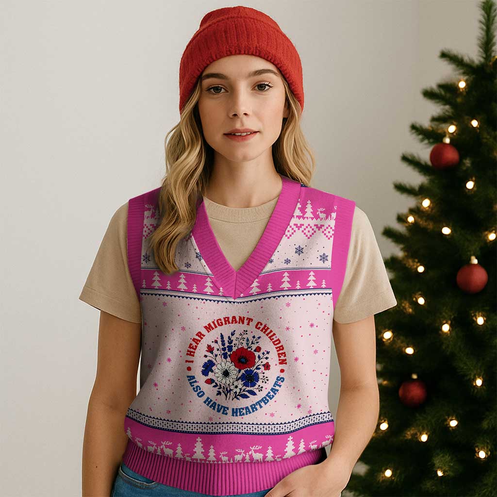 I Hear Migrant Children Also Have Heartbeats V-Neck Knit Sweater Vest Patriotic Red White Blue Floral Human Rights
