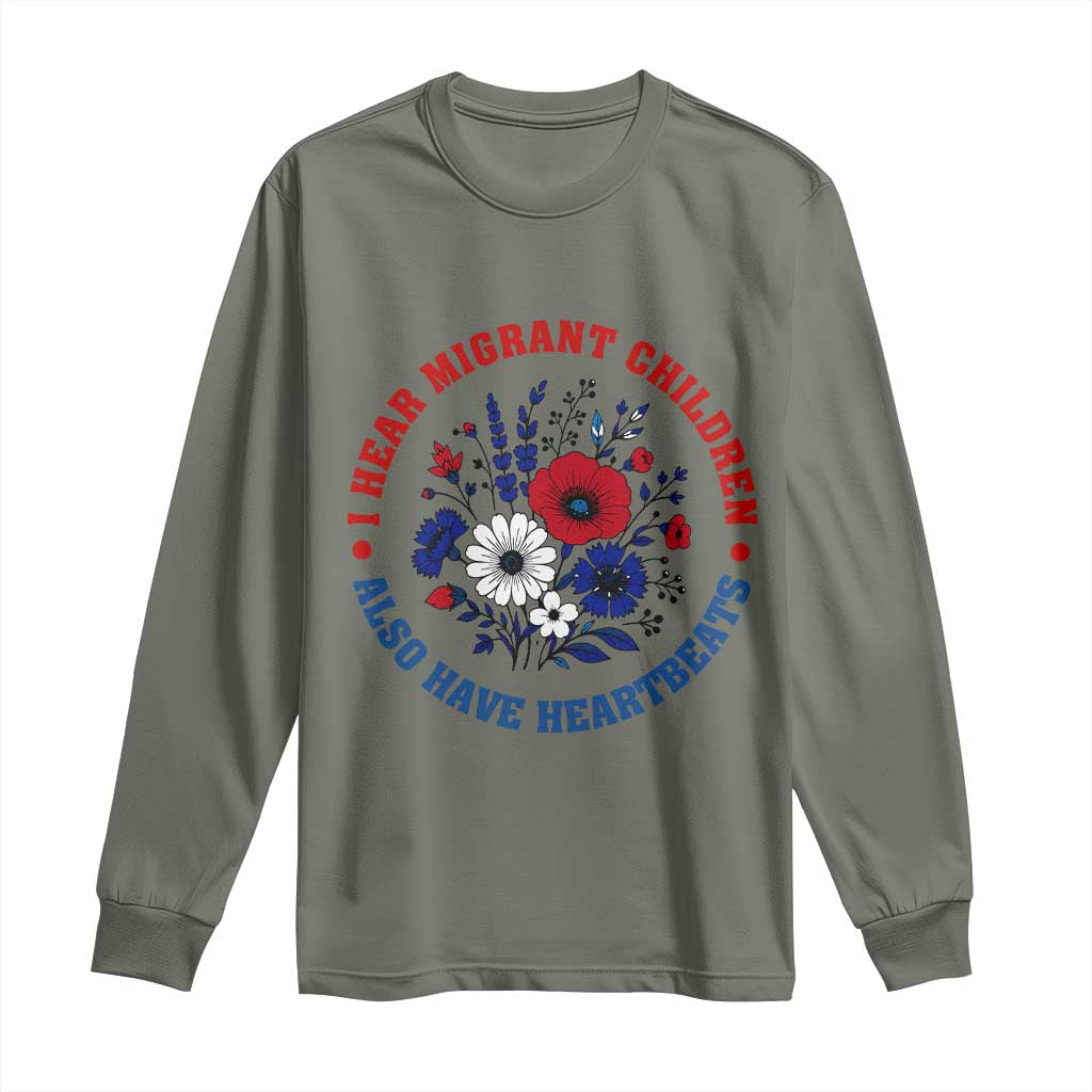 I Hear Migrant Children Also Have Heartbeats Long Sleeve Shirt Patriotic Red White Blue Floral Human Rights