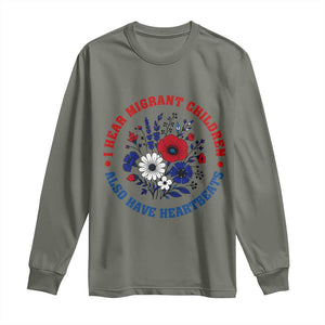 I Hear Migrant Children Also Have Heartbeats Long Sleeve Shirt Patriotic Red White Blue Floral Human Rights