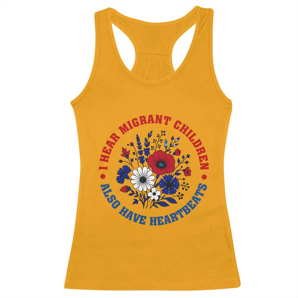 I Hear Migrant Children Also Have Heartbeats Racerback Tank Top Patriotic Red White Blue Floral Human Rights