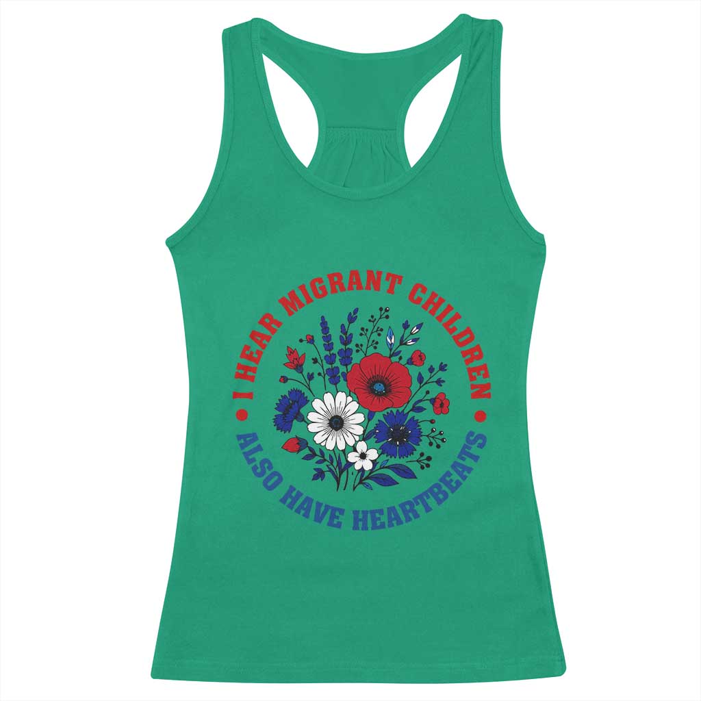 I Hear Migrant Children Also Have Heartbeats Racerback Tank Top Patriotic Red White Blue Floral Human Rights