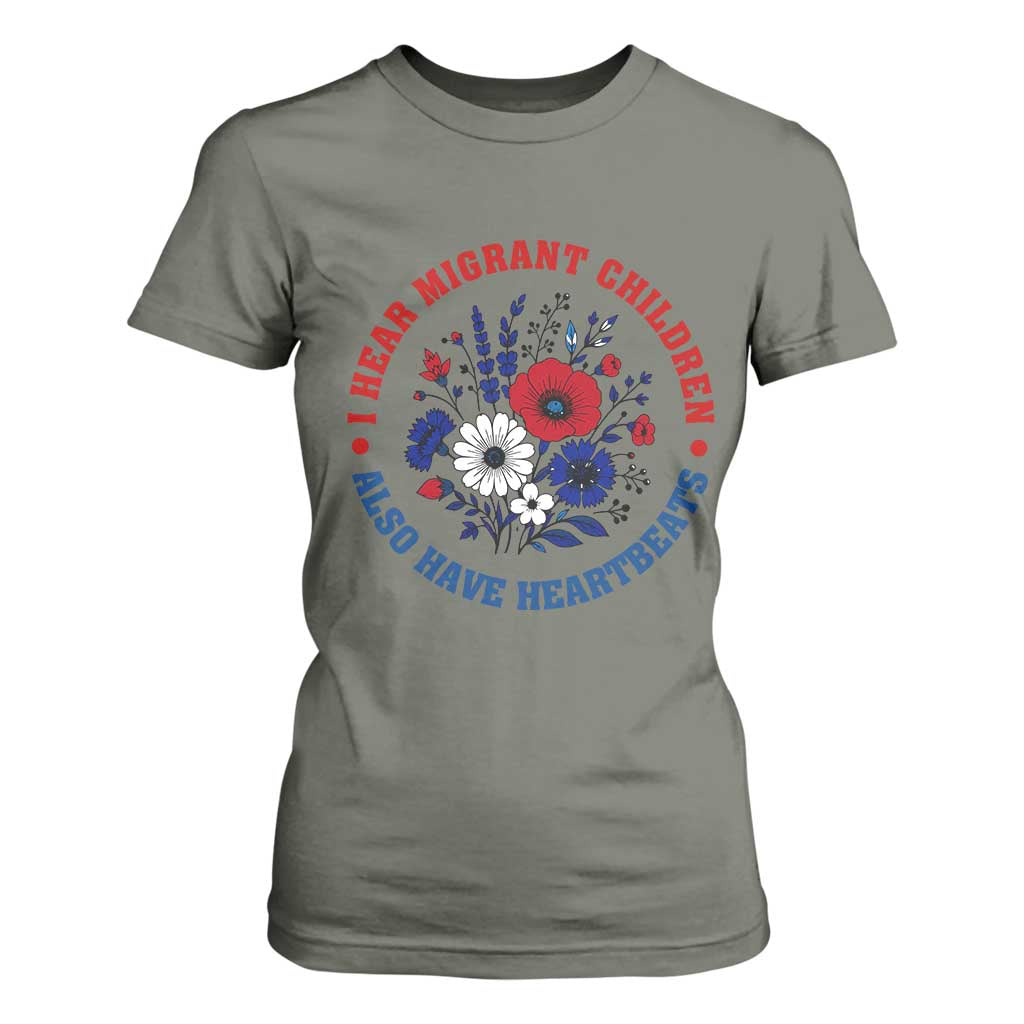 I Hear Migrant Children Also Have Heartbeats T Shirt For Women Patriotic Red White Blue Floral Human Rights