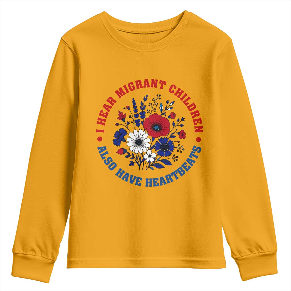 I Hear Migrant Children Also Have Heartbeats Youth Sweatshirt Patriotic Red White Blue Floral Human Rights