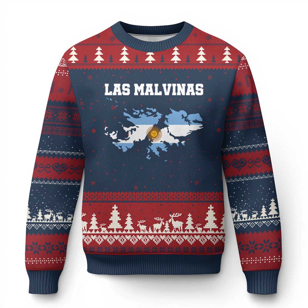 Las Malvinas Island Map Flag Graphic Ugly Christmas Sweater Patriotic Sovereignty Argentine Heritage Sun of May Pride TS02 Navy Red Print Your Wear