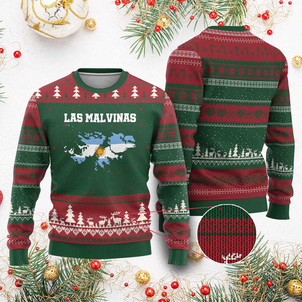 Las Malvinas Island Map Flag Graphic Ugly Christmas Sweater Patriotic Sovereignty Argentine Heritage Sun of May Pride