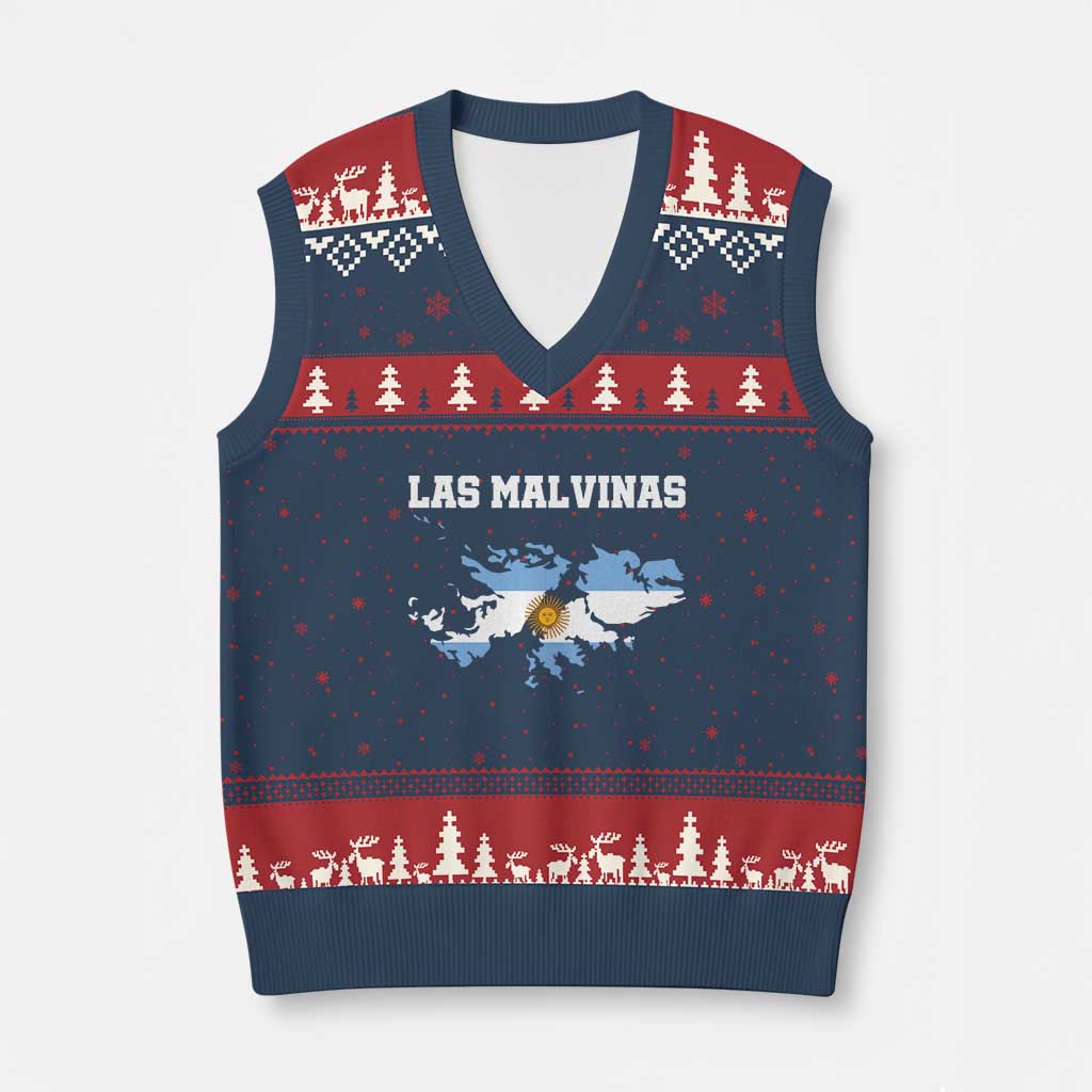 Las Malvinas Island Map Flag Graphic V-Neck Knit Sweater Vest Patriotic Sovereignty Argentine Heritage Sun of May Pride TS02 Navy Red Print Your Wear