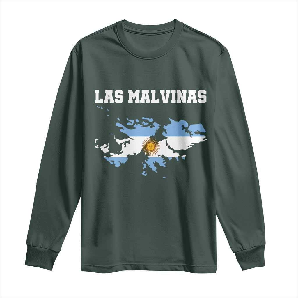 Las Malvinas Island Map Flag Graphic Long Sleeve Shirt Patriotic Sovereignty Argentine Heritage Sun of May Pride
