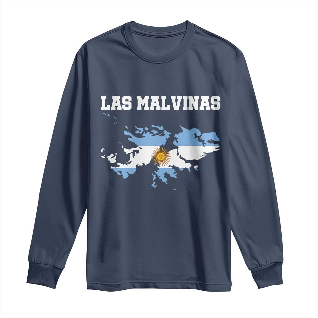 Las Malvinas Island Map Flag Graphic Long Sleeve Shirt Patriotic Sovereignty Argentine Heritage Sun of May Pride