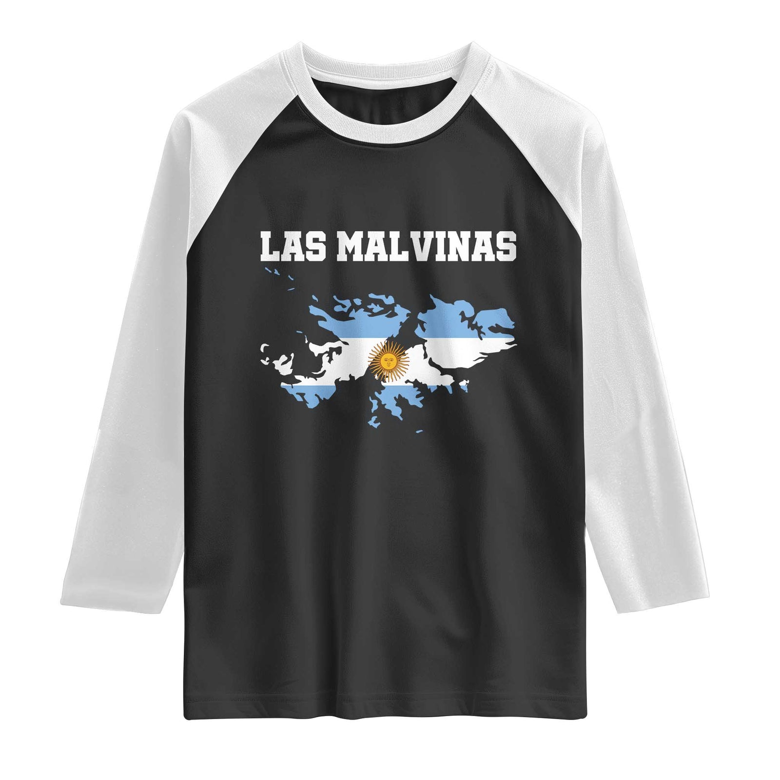 Las Malvinas Island Map Flag Graphic Raglan Shirt Patriotic Sovereignty Argentine Heritage Sun of May Pride TS02 Black White Print Your Wear