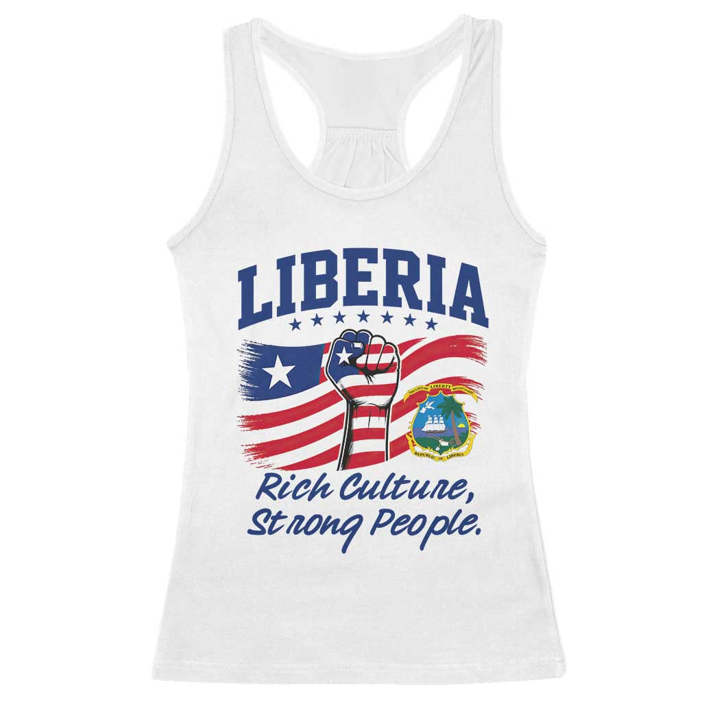 Liberia Rich Culture Strong People Patriotic Racerback Tank Top Liberian Flag Fist Coat Of Arms Heritage Pride TS02 White Print Your Wear