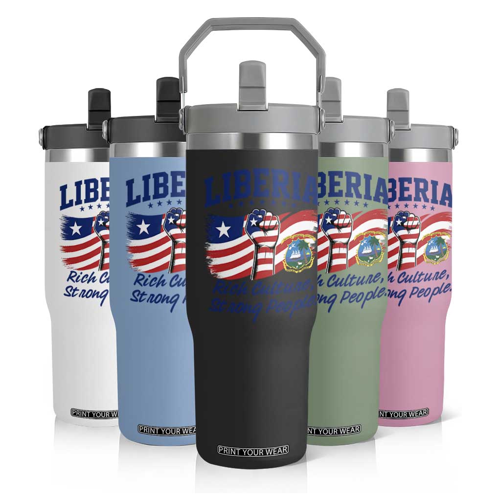 Liberia Rich Culture Strong People Patriotic Flip Straw Tumbler Liberian Flag Fist Coat Of Arms Heritage Pride