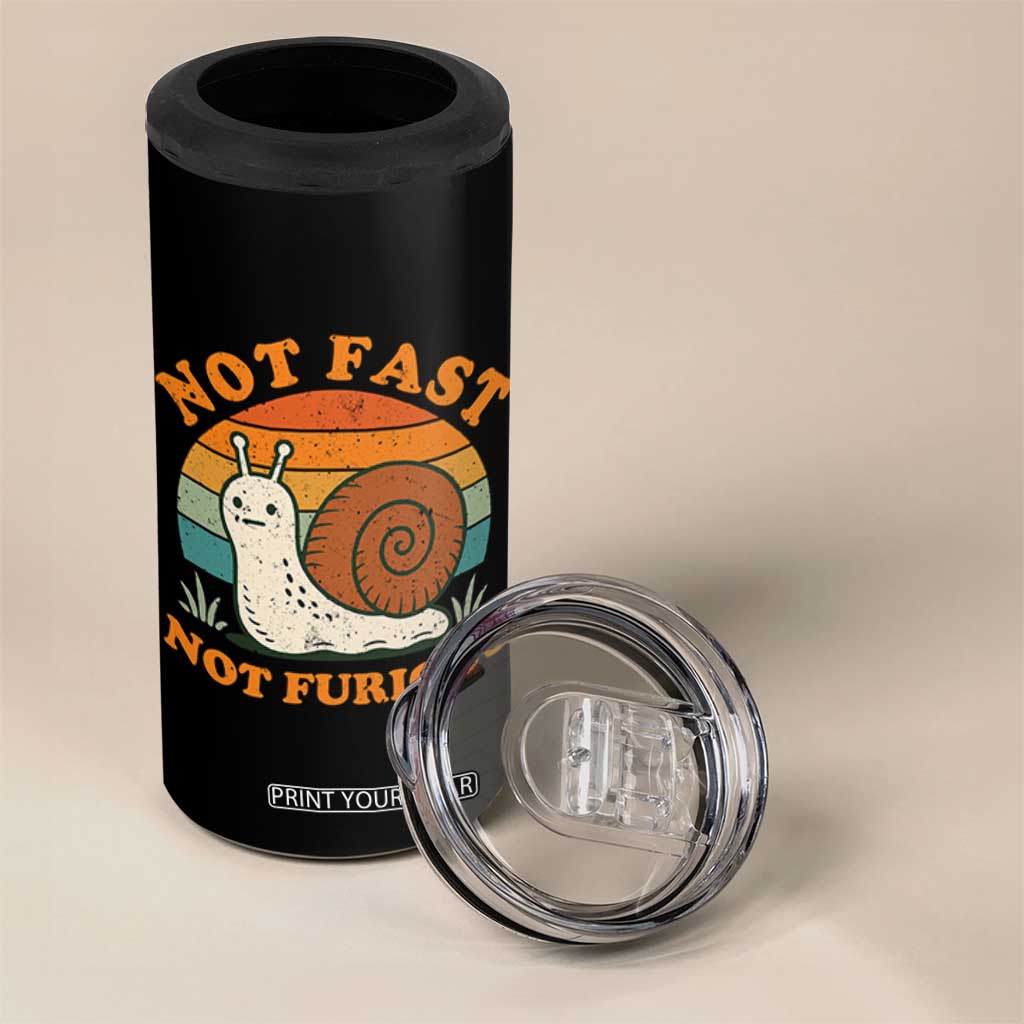 Funny Snail Introvert Slow Living 4 in 1 Can Cooler Tumbler Not Fast Not Furious Retro Sunset