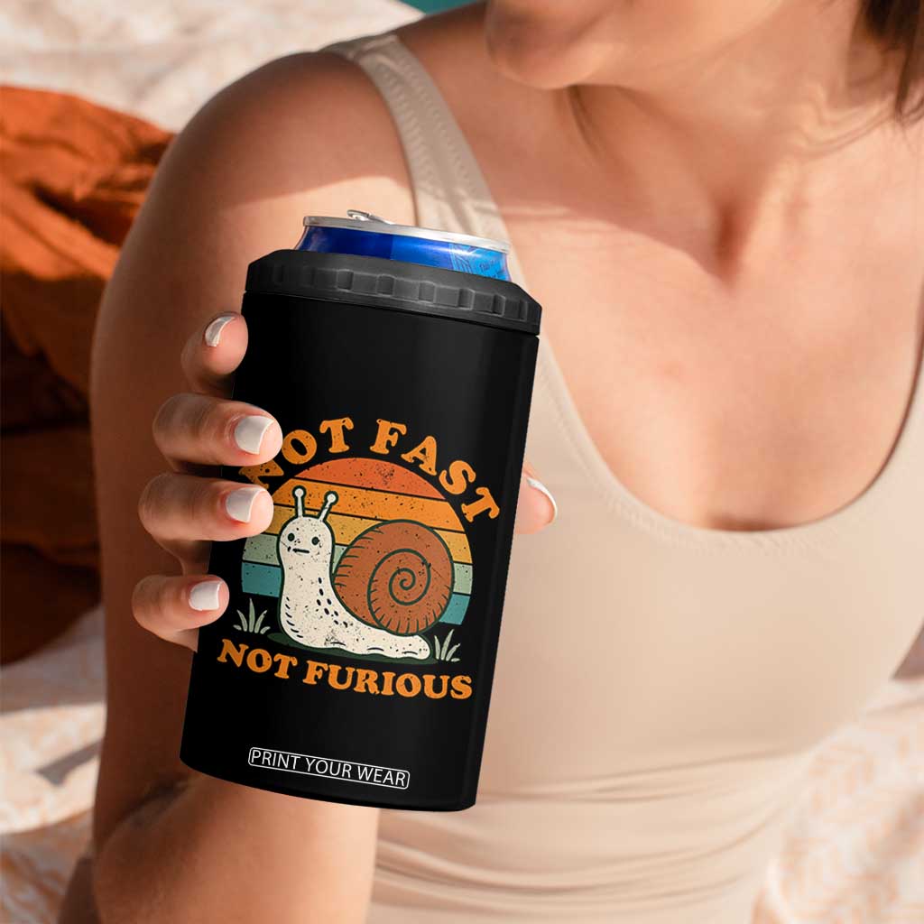Funny Snail Introvert Slow Living 4 in 1 Can Cooler Tumbler Not Fast Not Furious Retro Sunset