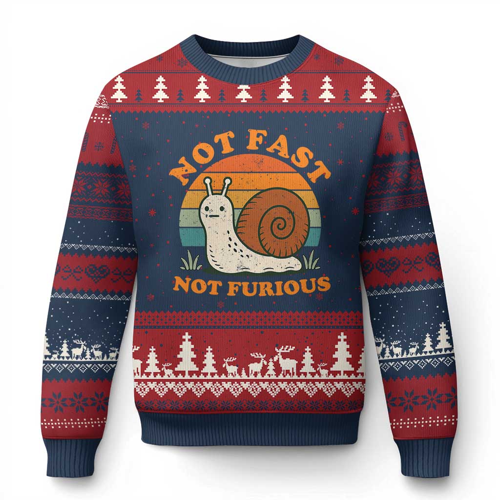 Funny Snail Introvert Slow Living Ugly Christmas Sweater Not Fast Not Furious Retro Sunset TS02 Navy Red Print Your Wear