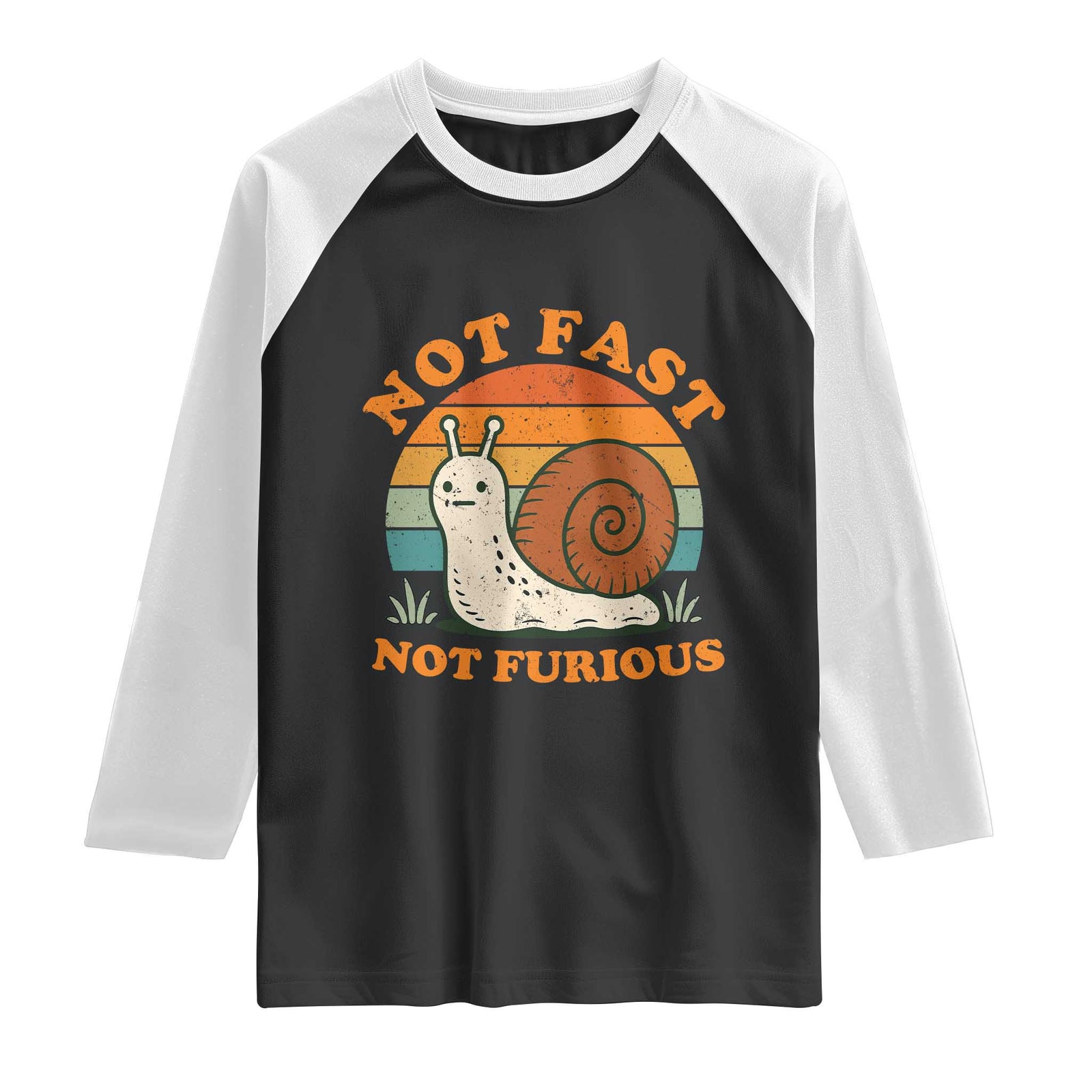 Funny Snail Introvert Slow Living Raglan Shirt Not Fast Not Furious Retro Sunset TS02 Black White Print Your Wear