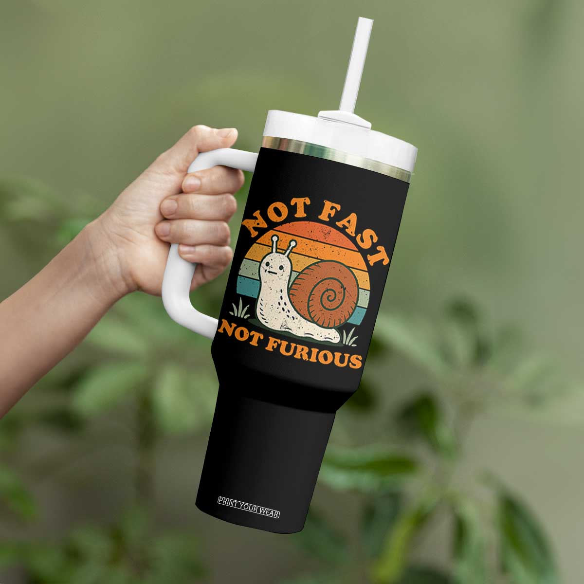 Funny Snail Introvert Slow Living Tumbler With Handle Not Fast Not Furious Retro Sunset