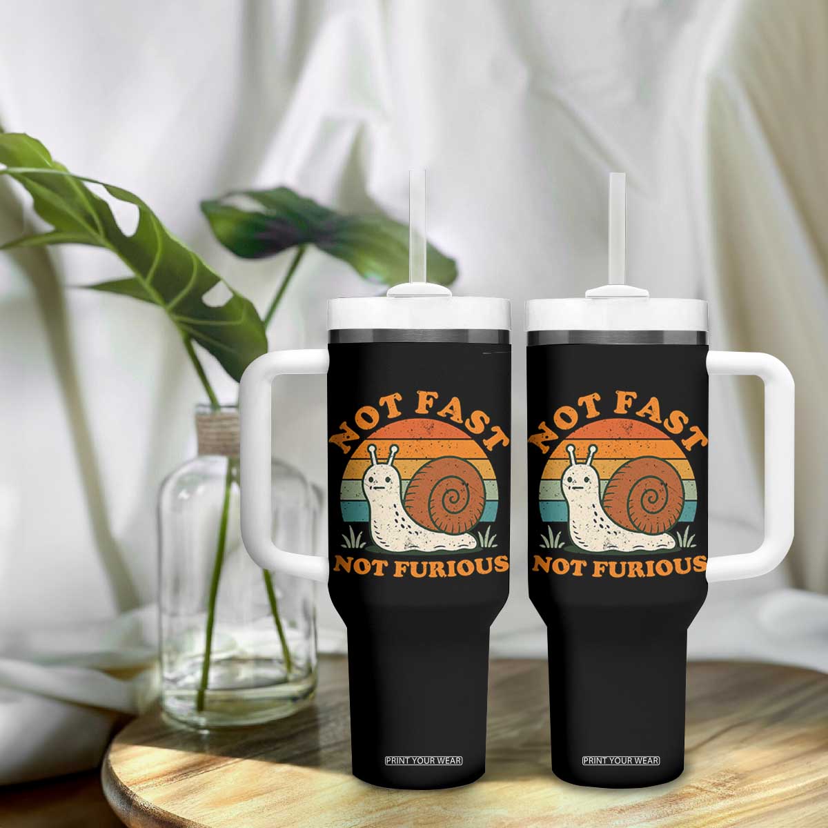 Funny Snail Introvert Slow Living Tumbler With Handle Not Fast Not Furious Retro Sunset