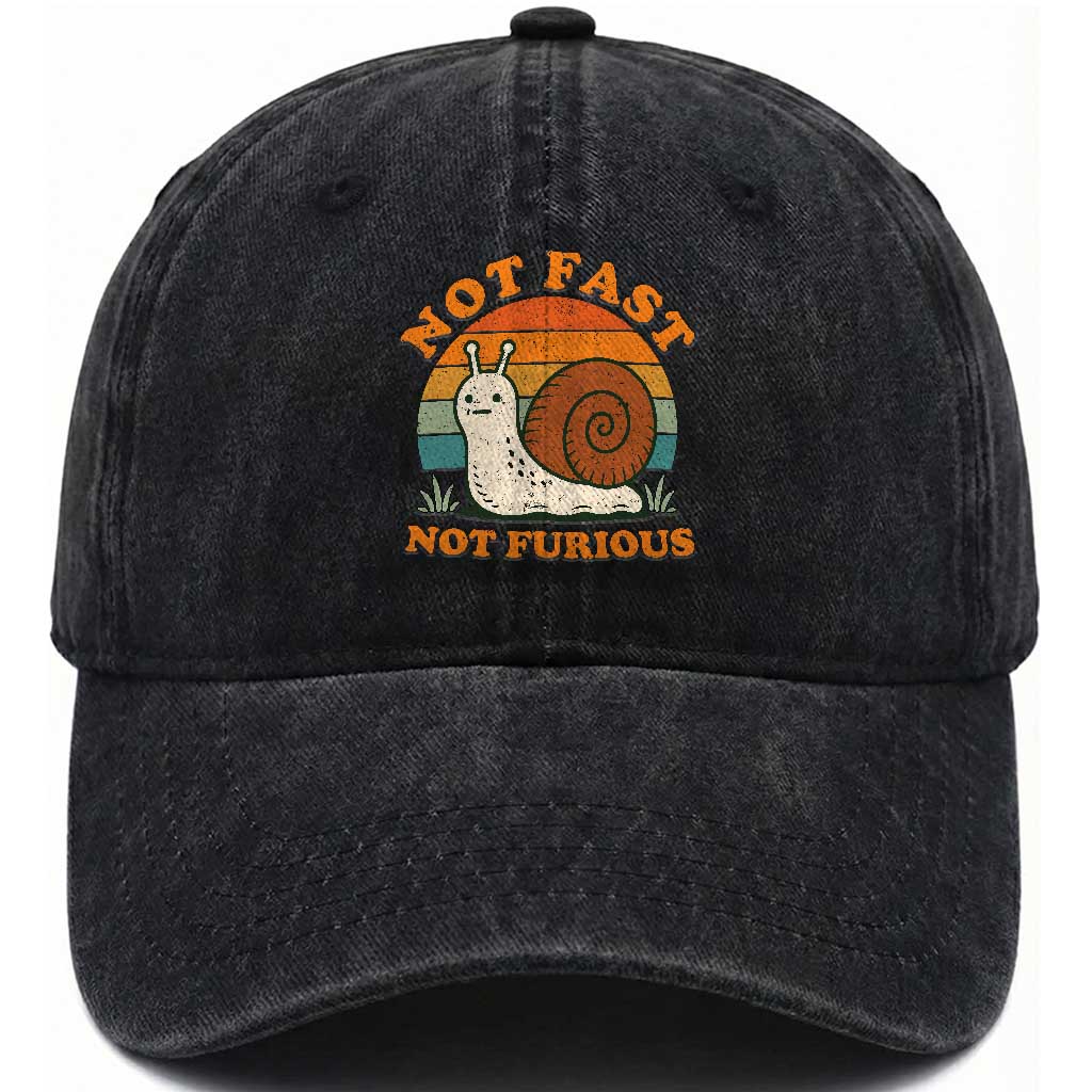 Funny Snail Introvert Slow Living Washed Cotton Baseball Cap Not Fast Not Furious Retro Sunset TS02 Print Your Wear