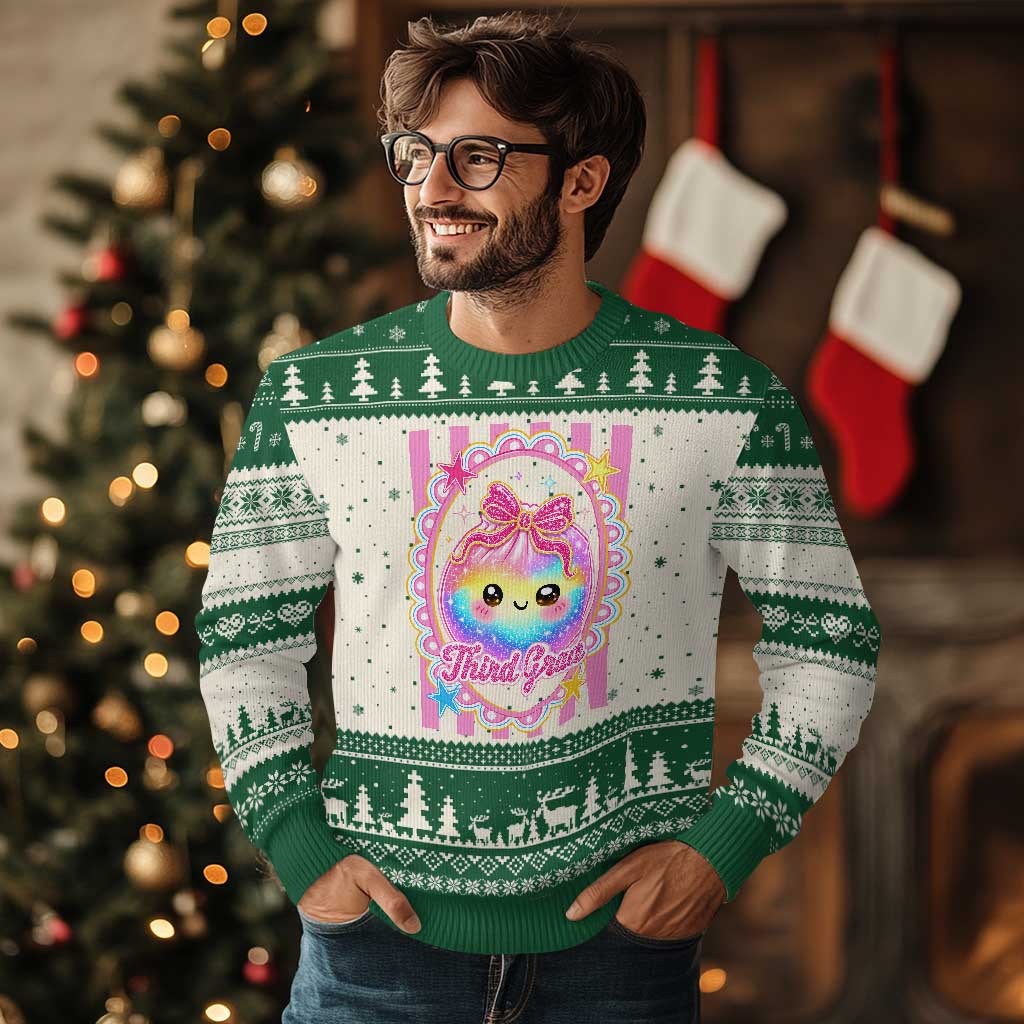 Kawaii Third Grade Glitter Dumpling Printed Graphic Ugly Christmas Sweater Cute First Day Back To School for Students Teachers