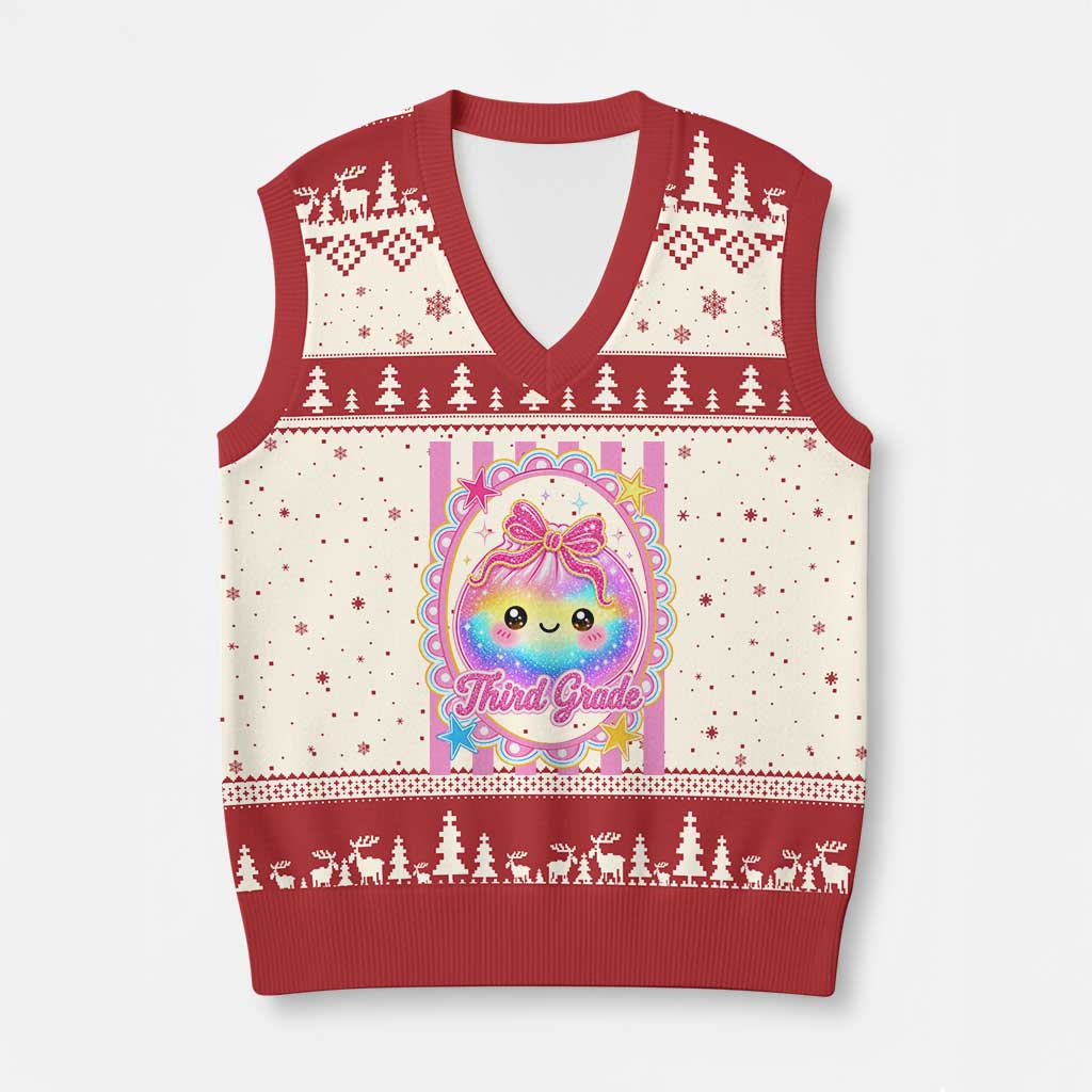 Kawaii Third Grade Glitter Dumpling Printed Graphic V-Neck Knit Sweater Vest Cute First Day Back To School for Students Teachers TS02 Beige Red Print Your Wear