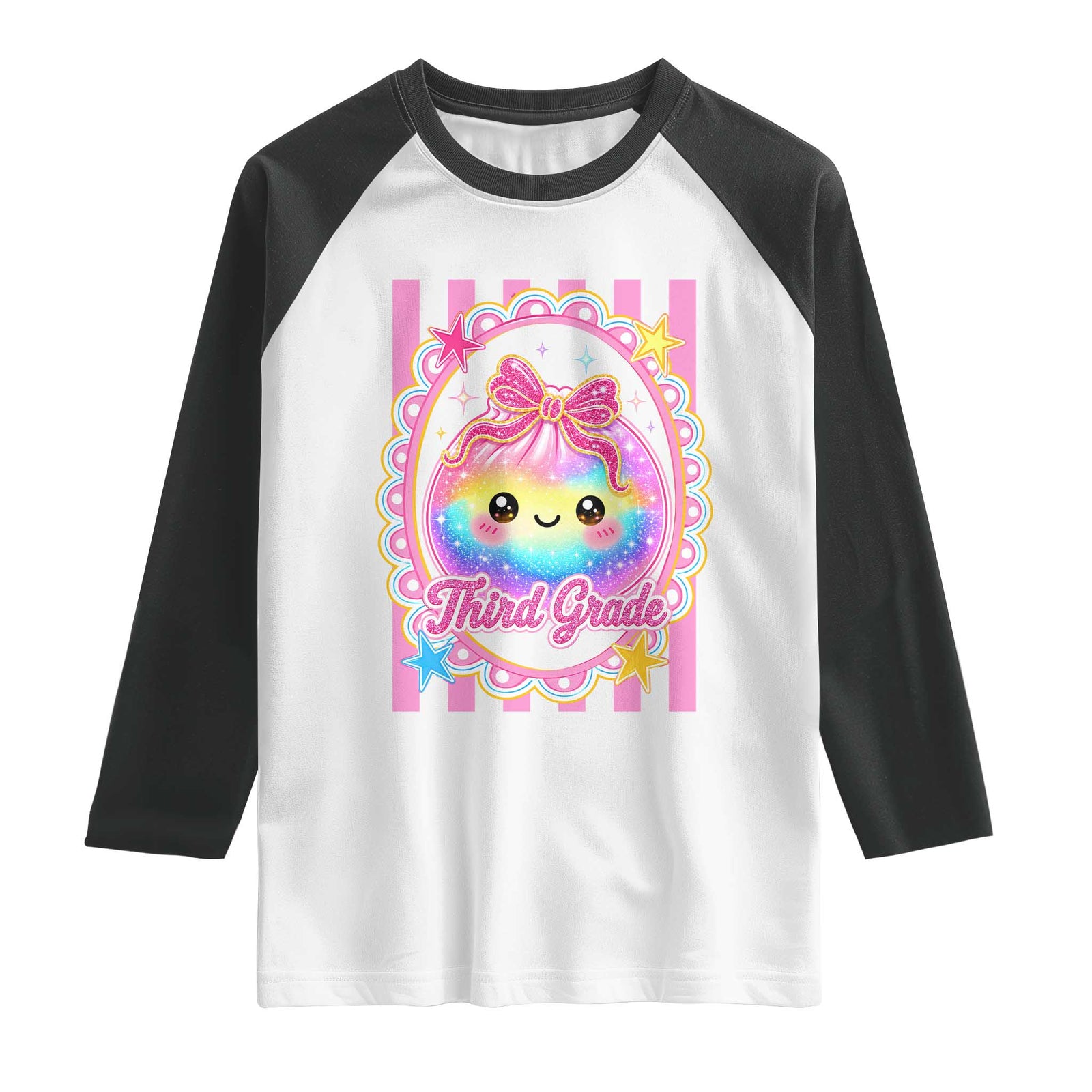 Kawaii Third Grade Glitter Dumpling Printed Graphic Raglan Shirt Cute First Day Back To School for Students Teachers TS02 White Black Print Your Wear