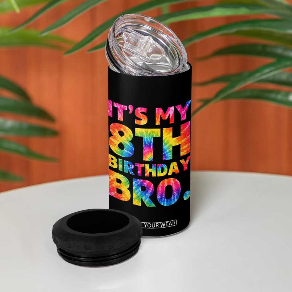 It is My 8th Birthday Bro Printed Tie Dye Graphic 4 in 1 Can Cooler Tumbler 8 Years Old Bday Party Retro Hippie Rainbow